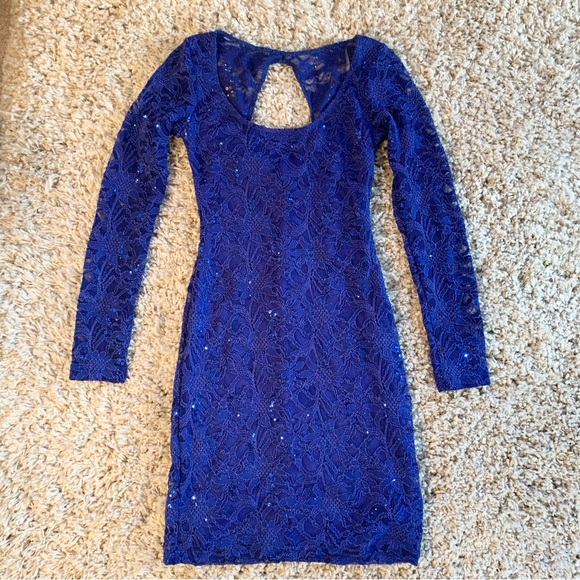 Le Chateau Cobalt Blue Sequin Lace Long Sleeve Cocktail Dress Size XS NWT - Picture 1 of 10
